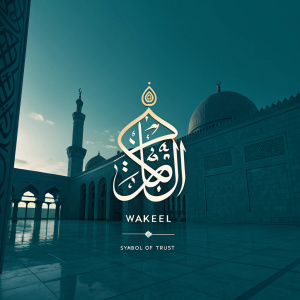 Digital artwork featuring Wakeel brand identity. Arabic calligraphy design reads 'Symbol of Trust'. Dark teal background.