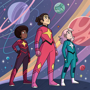 Digital art of Steven Universe cast. Characters wearing bold, geometric outfits. Abstract space background.