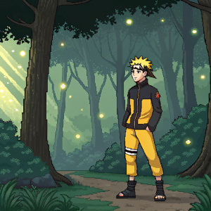 Pixel art of Kurama from Naruto Shippuden, dressed in vibrant black and yellow. Posing in a serene forest setting
