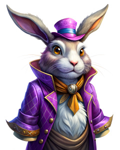 the rabbit from wonderland in purple surtux.














