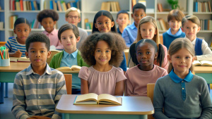 Multicultural group of kids sit at tables with books and study at primary school. Education, knowledge, development or studying