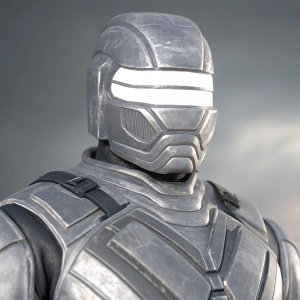 Character in sleek, high-tech armor. Close-up shot, futuristic visor helmet, intricate design, dark background.