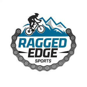 Modern logo for 'Ragged Edge Sports' featuring a sleek bike chain icon. The logo combines bold text with dynamic sports imagery. A minimalistic white background contrasts with the logo's use of gray and vibrant blue accents.
