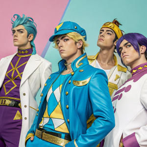 A colorful group photo featuring characters from JoJo's Bizarre Adventure. Vibrant hues like sky blue, violet, gold and white. Each character has a unique pose and expression.