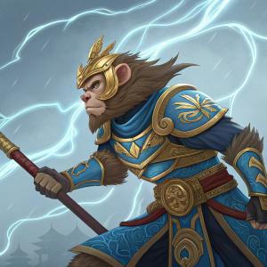 Wukong, a fierce monkey warrior from the realm of Runeterra, clad in vibrant blue and gold armor, set against a backdrop of mystical energy and ancient symbols.