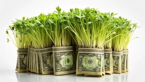 Money bills from which microgreens grow