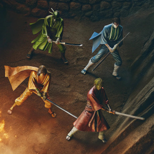 Action figures from the anime 'Bleach'. Vibrant colors and dynamic poses. Dark backdrop