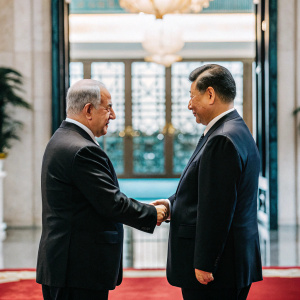 Formal meeting between Benjamin Netanyahu and Xi Jinping. Dark suits, Great Hall of the People background.