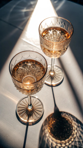 close up top view of two dusty rose sparkly vintage wine glasses filled with sparkling water sitting on top of a white table dark neutral warm light shining through wine glass shadows luxury modern feminine