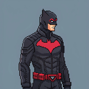 Blocky, pixel art depiction of a DC Comics hero, detailed in basic colors. Red emblem on chest, wearing tight black jacket.