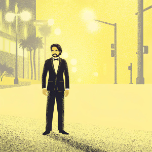 Adrian Grenier, dark hair and beard, in a sleek black tuxedo. On the bustling streets of a city, evening lighting