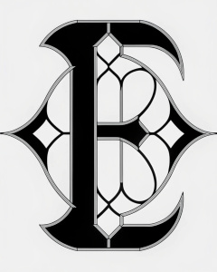 The letter E, Capital E, art nouveau, stained glass window, engraving from 1912, Final Fantasy Tactics from 1999