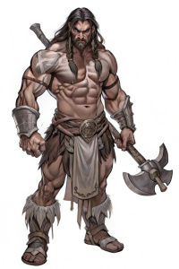 Hombre barbaro, alto, musculoso, robusto, pelo negro largo amarrado, ojos negros, amenzante con acha y tatuajes con una iustracion mas simple