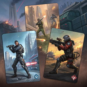 Imaginative concept art for G.I. Joe trading cards. Futuristic battle scenes, diverse characters, detailed environments