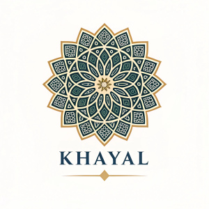 Vector illustration of a logo for Khayal, featuring intricate geometric patterns inspired by arabic art. Brand name 'Khayal' written below in sleek font.