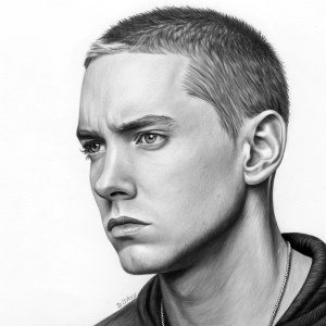 Detailed charcoal sketch of Eminem. The image highlights his chiseled jawline and sharp, piercing eyes. Set against a plain white canvas, the focus is entirely on his iconic hairstyle and facial expression.