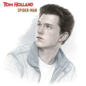 Digital sketch of Tom Holland. White background, Spider-Man logo in red. Muted tones.