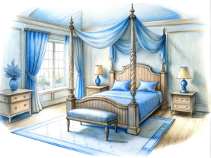 a sketch of a beautiful bedroom in pencil