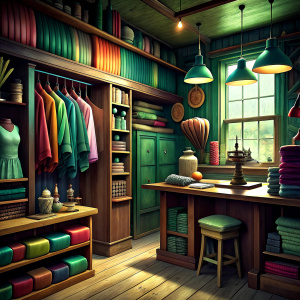 old tailor shop, the walls are half-way wooden paneling, the upper parts are green paint. carpet on the floor. wooden cabinets on the back wall full of colorful striped, rolled fabrics, shelves full of spools and sewing materials. boss and clothing patterns, a board full of pages torn from fashion magazines .retro lamp hanging from the ceiling.old style curtain hanging on the window. A standing rehearsal mannequin with a half-completed jacket on it. A rehearsal booth with polka dot curtains, a m