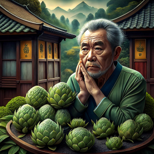 
"Create an image of a mature Korean man, aged approximately 50-60, sitting inside a house. On either side of him, there are artichoke plants, enhancing the scene with a touch of artistic charm. In the background of the image, incorporate the letters 'DNW.' Capture the essence of a peaceful and contemplative moment in this composition."
