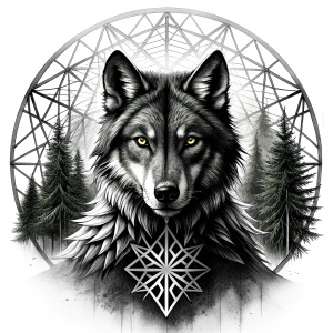 vegvisir runes pattern geometric symbols - wolf and trees - tattoo design - perfect realistic art - high-definition - grey and black - white background 