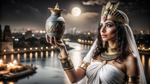 AÑO 5500 a.C EN EGIPTO:DIOSA ISIS MUY PREOCUPADA CON UN EMBASE CANOPO CON JEROGLIFICOS,  EN SUS MANOS, AL FONDO RIO NILO POR LA NOCHE