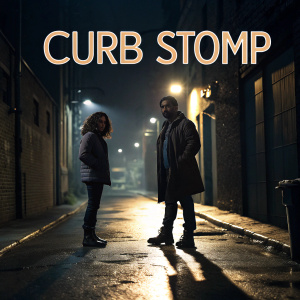Promotional image for 'Curb Stomp'. Dark alleyway backdrop. Characters standing in shadows