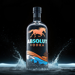 Ad for Absolut Vodka. A sleek bottle showcases an animated horse galloping. The logo 'Absolut VODKA' is in bold, modern font. The scene is set on a predominantly black background with hints of blue.