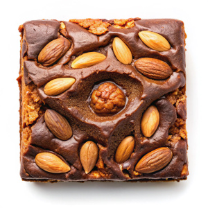 Almond butter brownie top view on white background