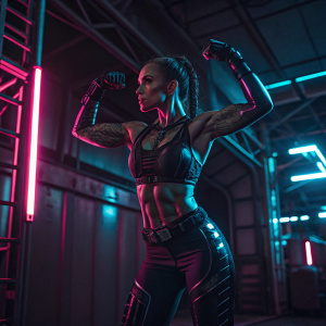 A strong, female cyborg with a fierce expression, flexing her mechanical limbs. The scene is set in a dark, industrial environment with pink and blue neon lights casting shadows on her synthetic skin.