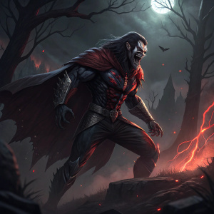 Morbius in intense combat stance. Dark, ominous atmosphere with flashes of red lighting. Aggressive demeanor and powerful physique.