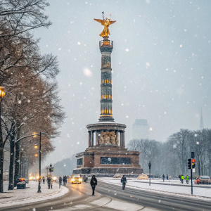 In the heart of Berlin, the majestic Friedensengel monument rises against a backdrop of bustling city life. Its slender column, adorned with intricate sculptures and topped with a radiant golden angel, stands out. The surrounding streets are alive with the vibrancy of urban activity, while snowflakes add a touch of winter magic to the scene.