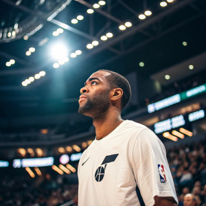 Alec Burks, NBA star, dressed in white jersey with black Utah Jazz emblem. Intense focus. Indoor arena with bright lights and audience.