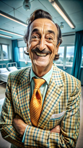 Salvador Dalí, smiling, standing  happy in a crazy hospital, funny outfit, skinny,  8K, best quality, ultrarealistic