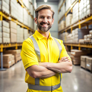 A smiling white male warehouse worker in yellow warehouse clothes. Waist-high photos