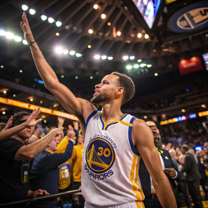 Steph Curry, basketball star, wearing a white Warriors jersey with number 30. High-fiving fans in a packed arena.