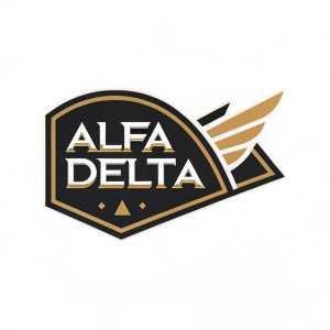 The sleek and modern logo 'Alfa Delta' in bold script. The design blends black and gold tones, symbolizing professionalism and ambition. It stands out against a clean white background.