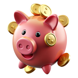 piggy bank with falling gold coins