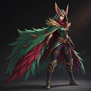 Xayah, the feared assassin from League of Legends, stands confidently in her battle-ready attire. The vibrant green and red feathers complement her fierce gold accents, creating a striking silhouette against the ominous dark background. The interplay of light and shadow accentuates her powerful stance.