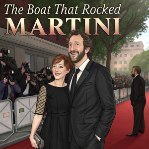 Chris O'Dowd and Katherine Parkinson attending the premiere of 'The Boat That Rocked MARTINI' in London. Chris in a sharp black suit with a beard. Katherine with a warm smile in a chic black dress. Red carpet scene.