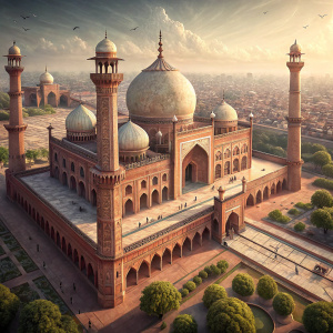 Virtual tour of Badshahi Mosque. Detailed 3D rendering. Majestic domes, towering minarets, intricate arches, expansive courtyards, winding pathways