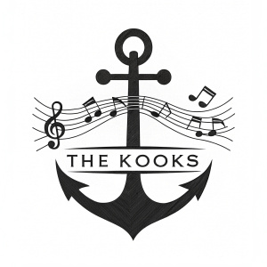 A minimalist black and white logo for The Kooks. An anchor shape integrated with musical notes. Balanced, symmetrical design featuring the band's name in bold, sleek font.
