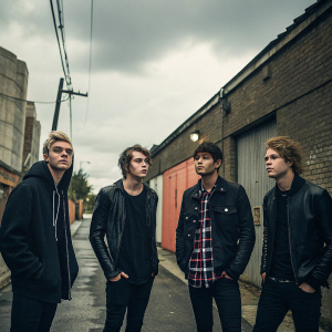 5SOS band members Luke Hemmings, Michael Clifford, Calum Hood, and Ashton Irwin in an alleyway. Dark clothing, overcast sky. Candid shot