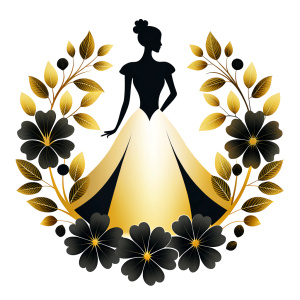 A minimalist, design with a vintage twist, featuring a sleek and stylized Quinceañera silhouette of black flowers, awesome, bright. pure white background.