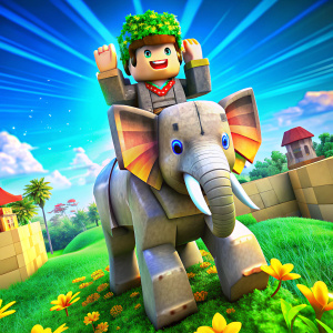 Житель Роблокс едет на слоне