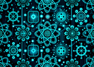 Seamless pattern, dark background, cyberpunk style, technological and geometric elements, elements of electronic circuits and scientific formulas, minimalist style, neon glow