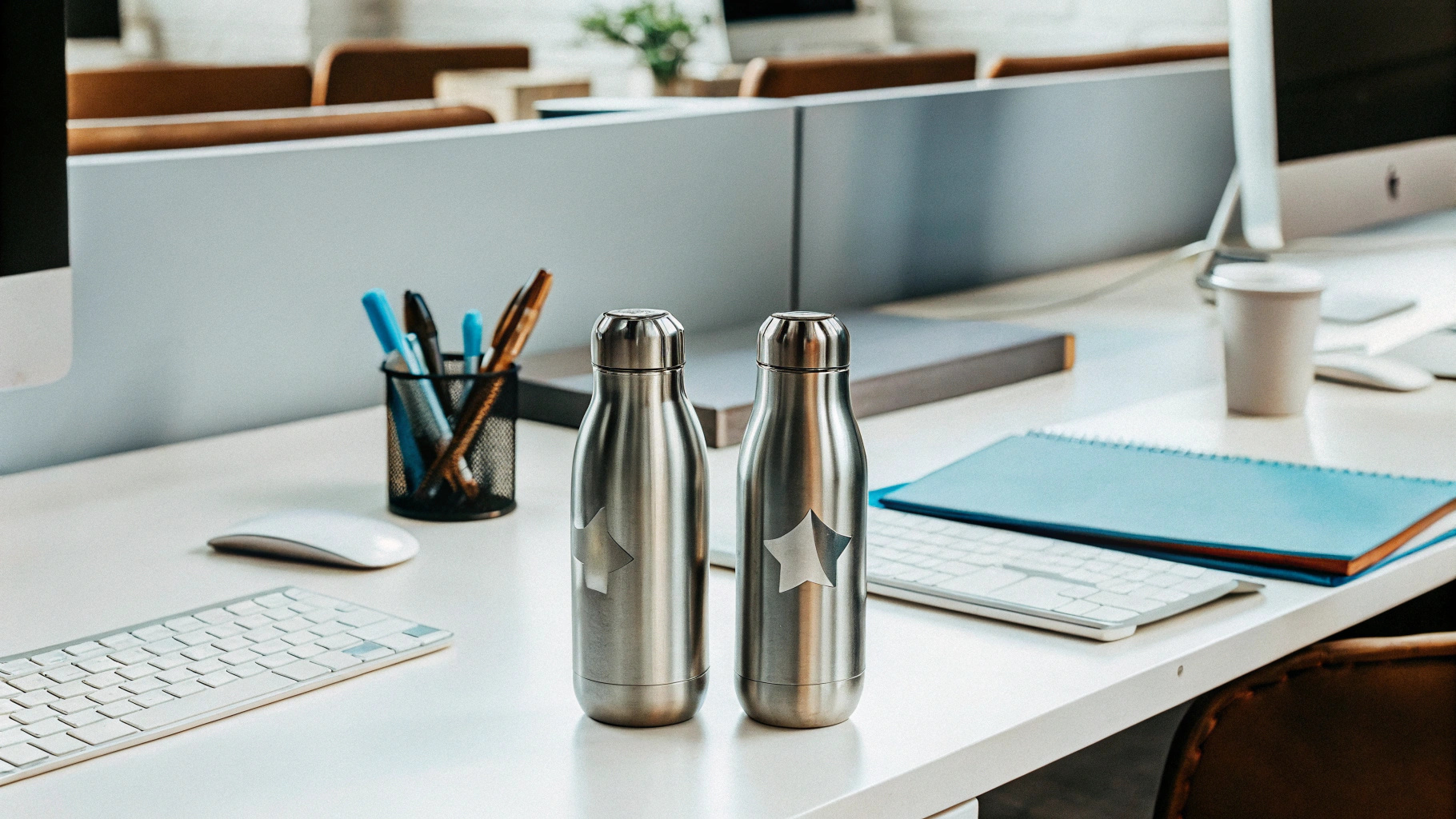 A professional workspace with stainless steel bottles placed on desks, showcasing brand logos in use during daily activities.