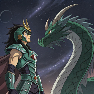 Shiryu from Saint Seiya, young man with fierce expression, dark hair, and intricate armor. Green and metallic attire. Standing beside a colossal dragon. Digital artwork. Rich colors, detailed. Dark cosmic background
