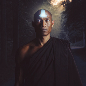 Avatar Aang, bald head gleaming with a glowing blue tattoo. Intense, glowing eyes. Soft, warm lighting. Surrounded by peaceful forest