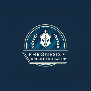 Conceptual logo design for Phronesis Knight FX Academy. Dark navy background with lighter graphic elements. Modern, sleek emblem. Stylized iconography reflecting brand identity. Clear, concise description below for memorability and recognition. Connected to brand's mission.